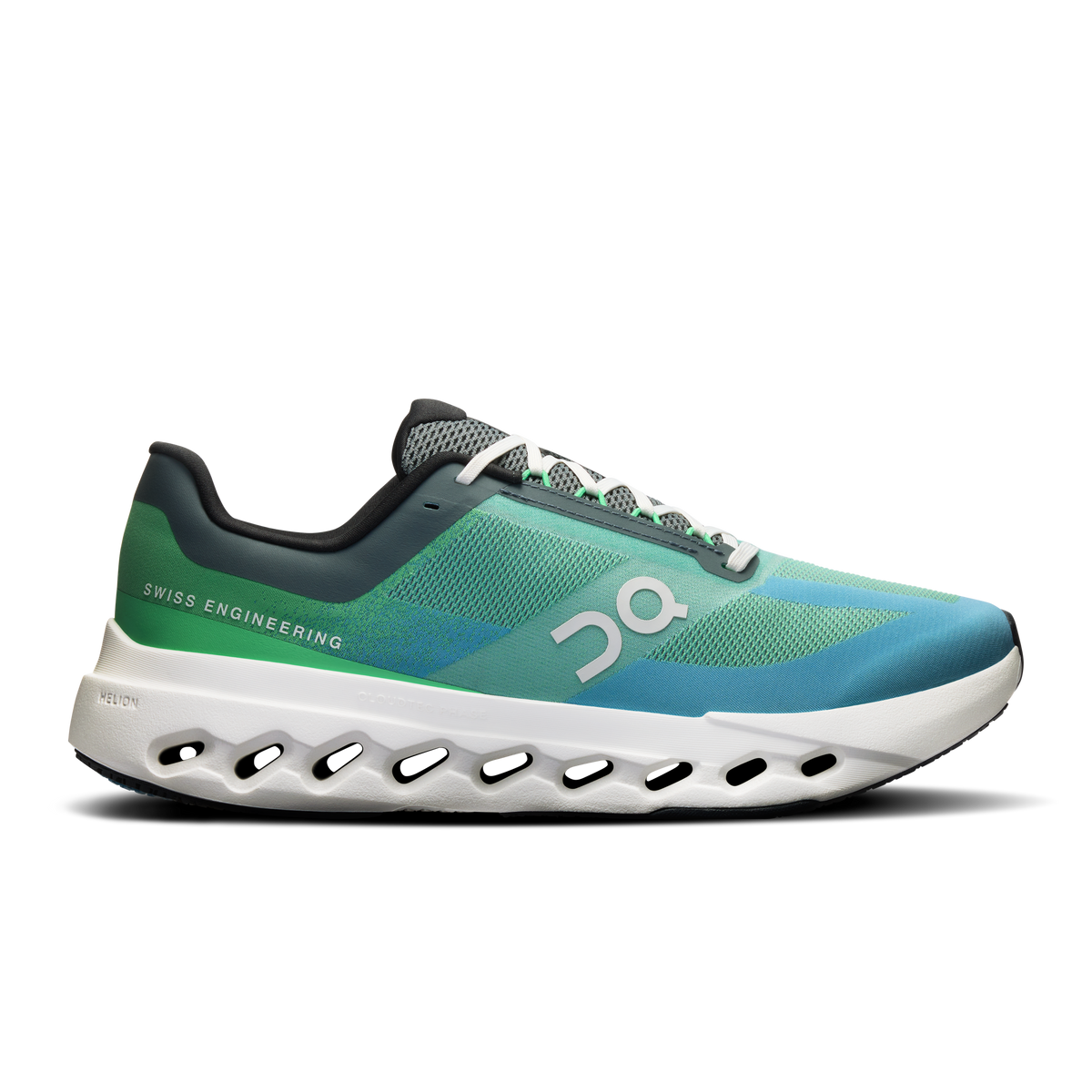 On Cloudsurfer Next men's running shoe in honeydew green and ivory colorway, lateral view