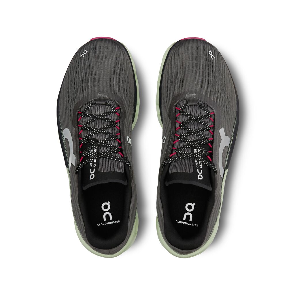 On Cloudmonster 2 running shoes in asphalt gray with lime green sole accents
