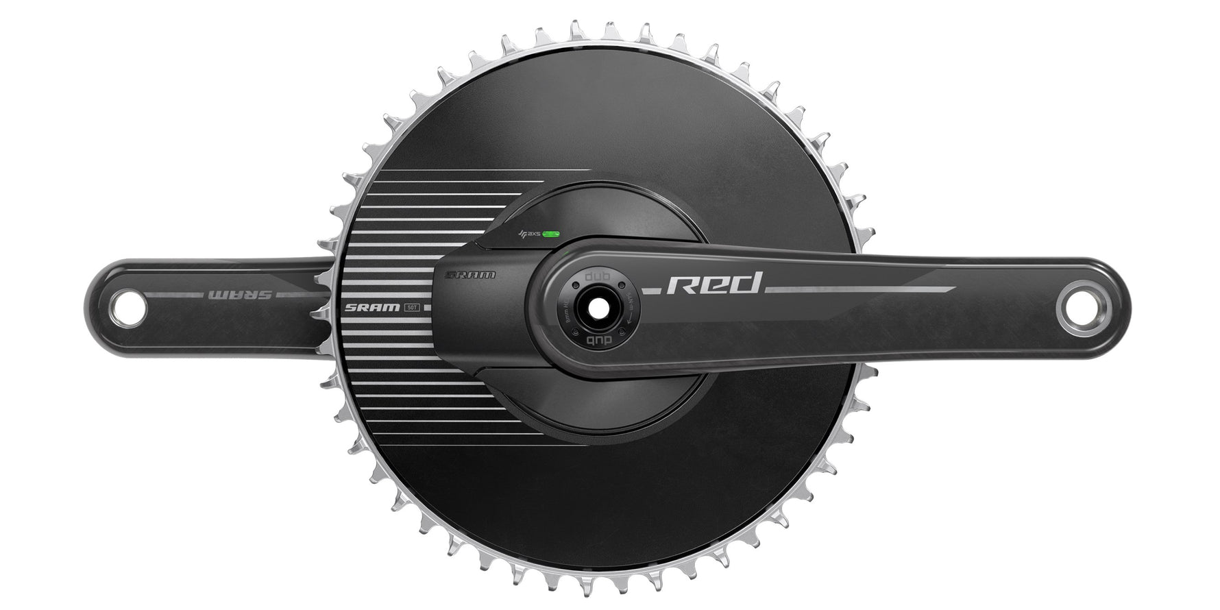 SRAM Red AXS power meter crankset with black chainring on white background