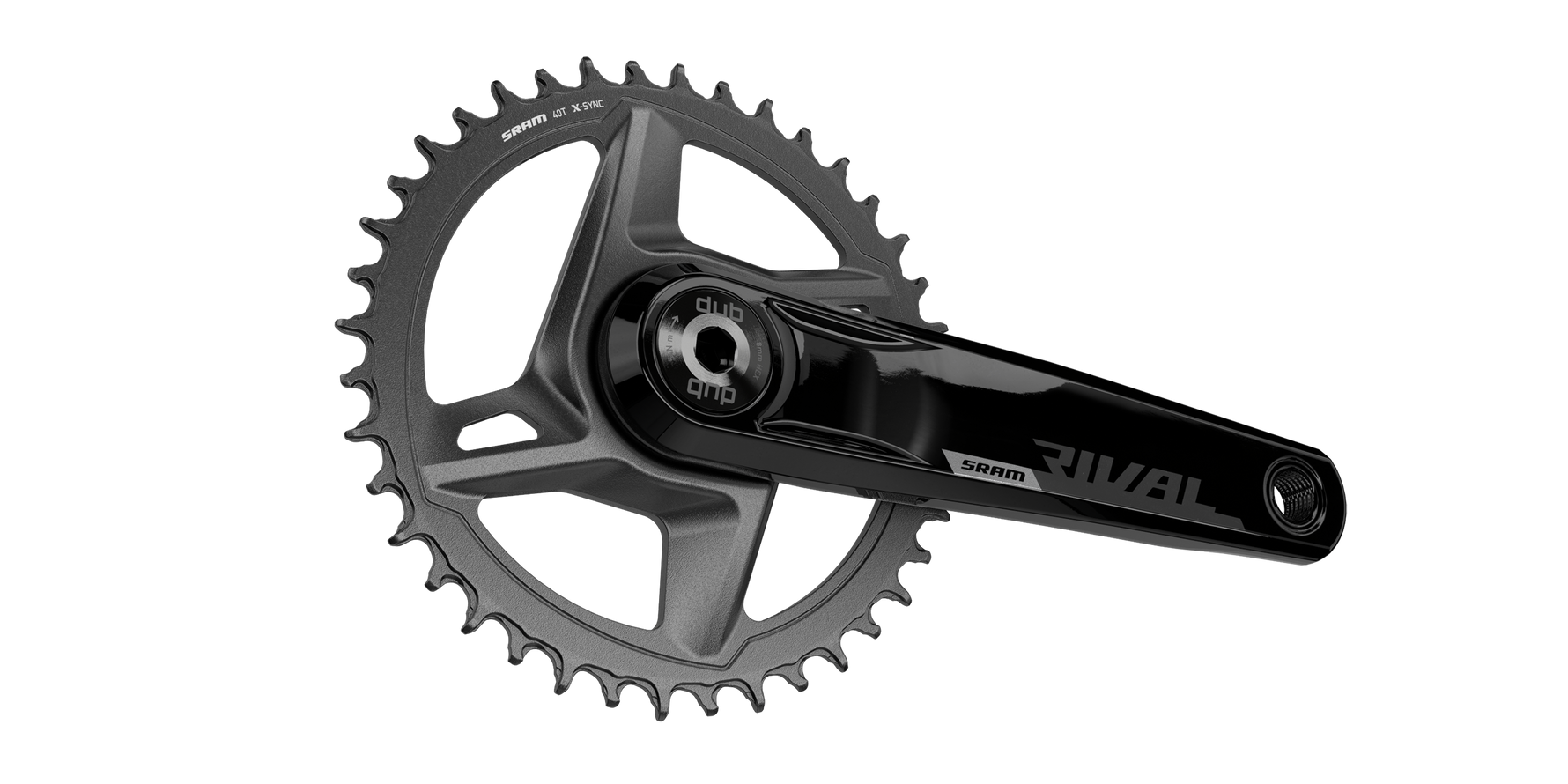 SRAM Rival 1X crankset with black chainring and crank arm on white background