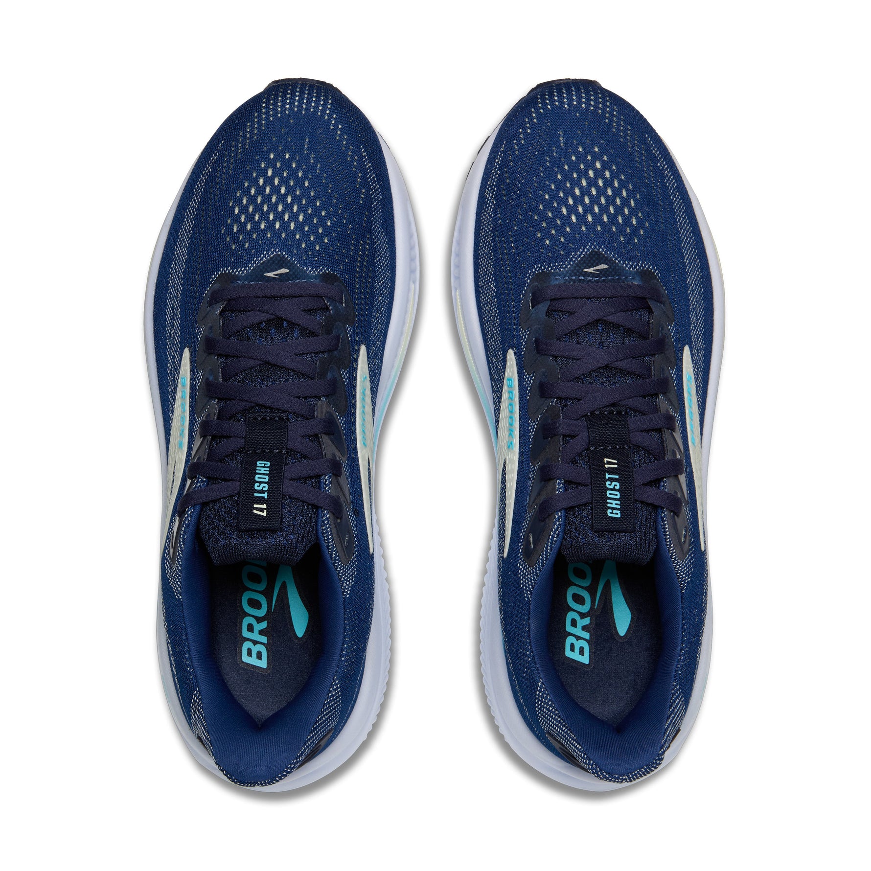 Brooks Ghost 17 women's running shoes in navy blue with turquoise accents, top view