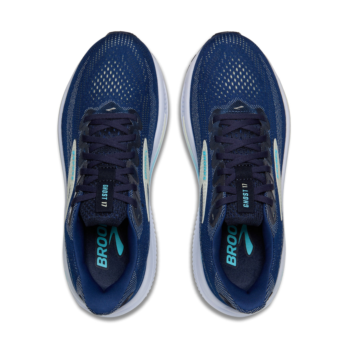 Brooks Ghost 17 women's running shoes in navy blue with turquoise accents, top view