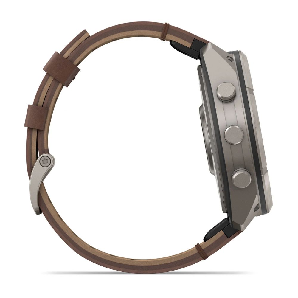 Side profile view of Garmin Fenix 9 Pro titanium smartwatch with walnut leather band and three buttons