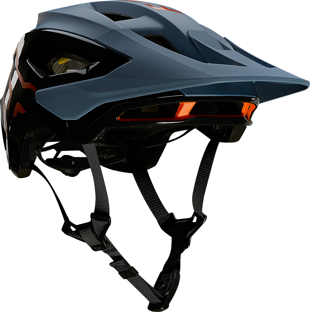 Fox Speedframe Pro mountain bike helmet in matte slate blue with orange accents