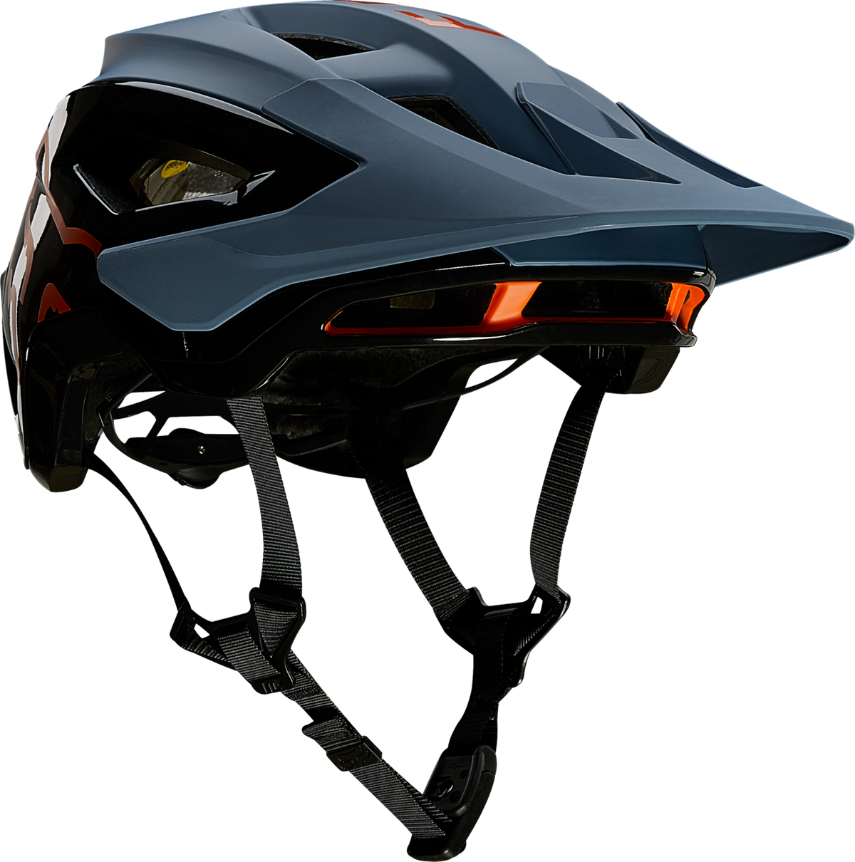 Fox Speedframe Pro MTB helmet in slate blue and black with orange accents