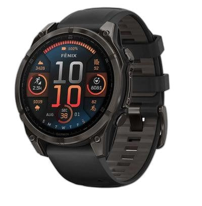 Garminfenix 8 Pro – 47 mm, AMOLED fēnix® 8 Pro – 47 mm, AMOLED, Sapphire, Carbon Gray DLC Titanium with Black/Pebble Gray Silicone Band