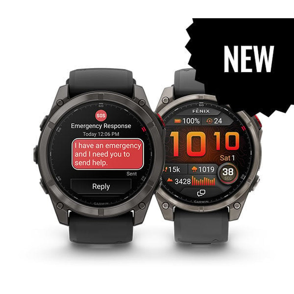 Garminfenix 8 Pro – 47 mm, AMOLED fēnix® 8 Pro – 47 mm, AMOLED, Sapphire, Carbon Gray DLC Titanium with Black/Pebble Gray Silicone Band