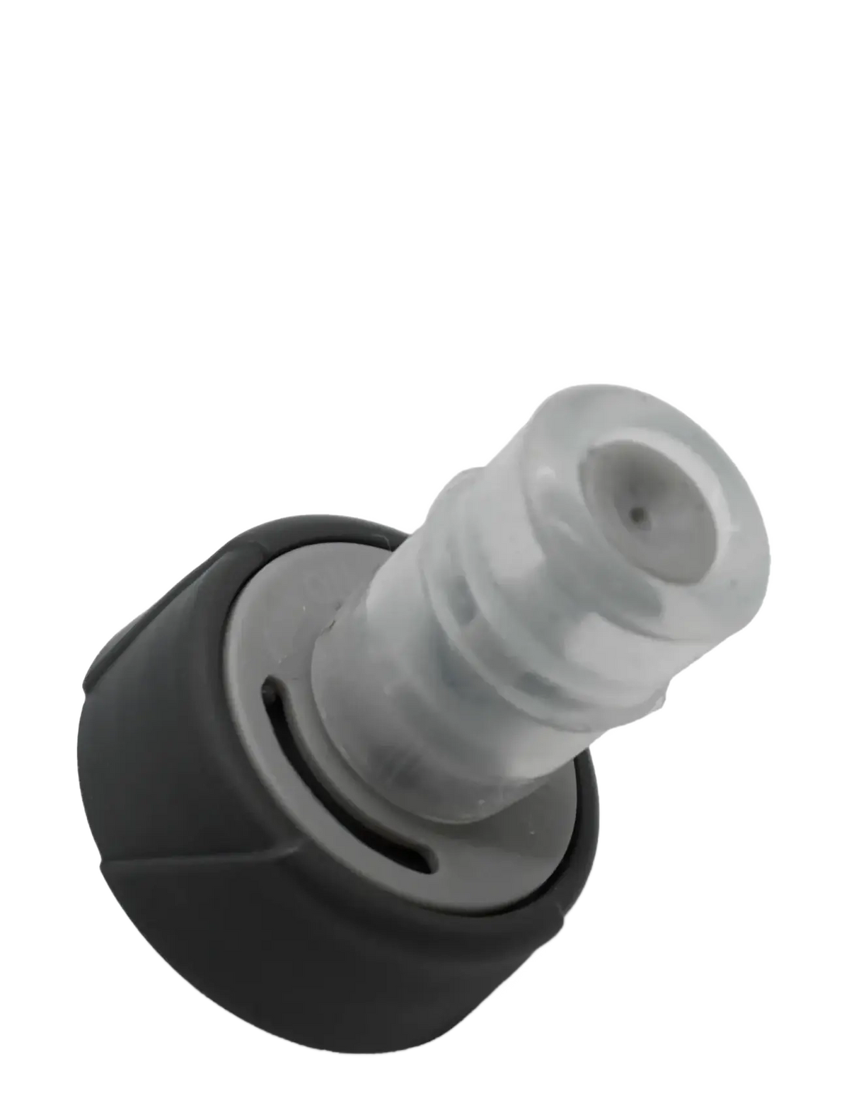 Close-up detail of Fitletic soft flask bite valve and cap mechanism on black background