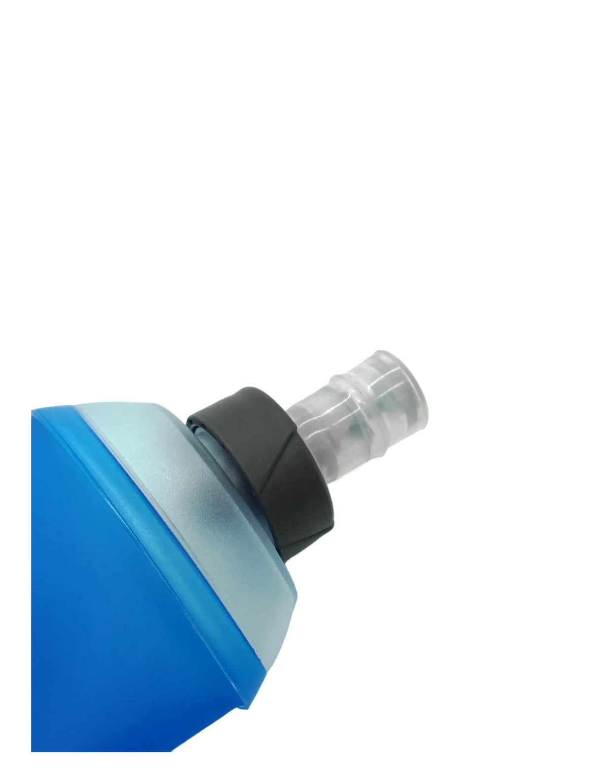 Close-up of Fitletic Flow Max Soft Flask blue body with gray cap and clear nozzle detail.