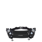 Fitletic Hydra 16 black hydration running belt with two water bottles, front view