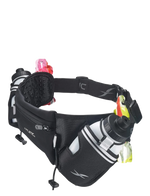 Fitletic Hydra 16 black hydration belt angled view showing bottles and gel loops