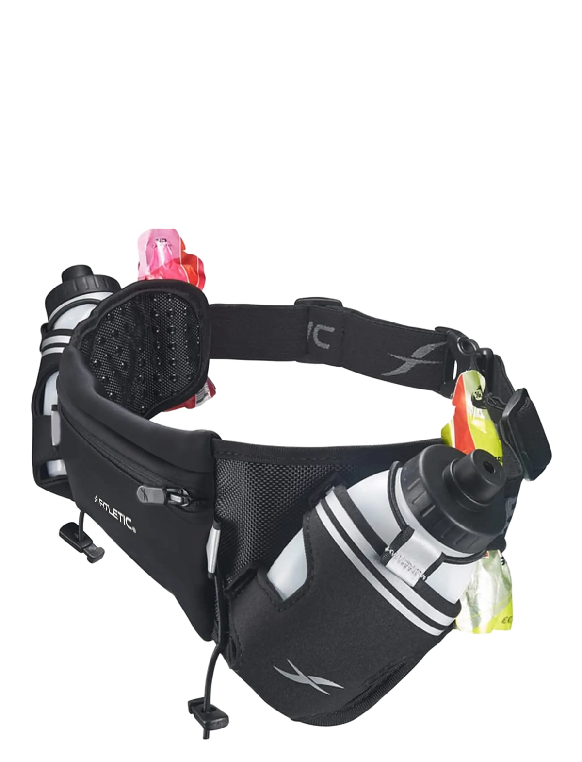 Fitletic Hydra 16 black hydration belt angled view showing bottles and gel loops