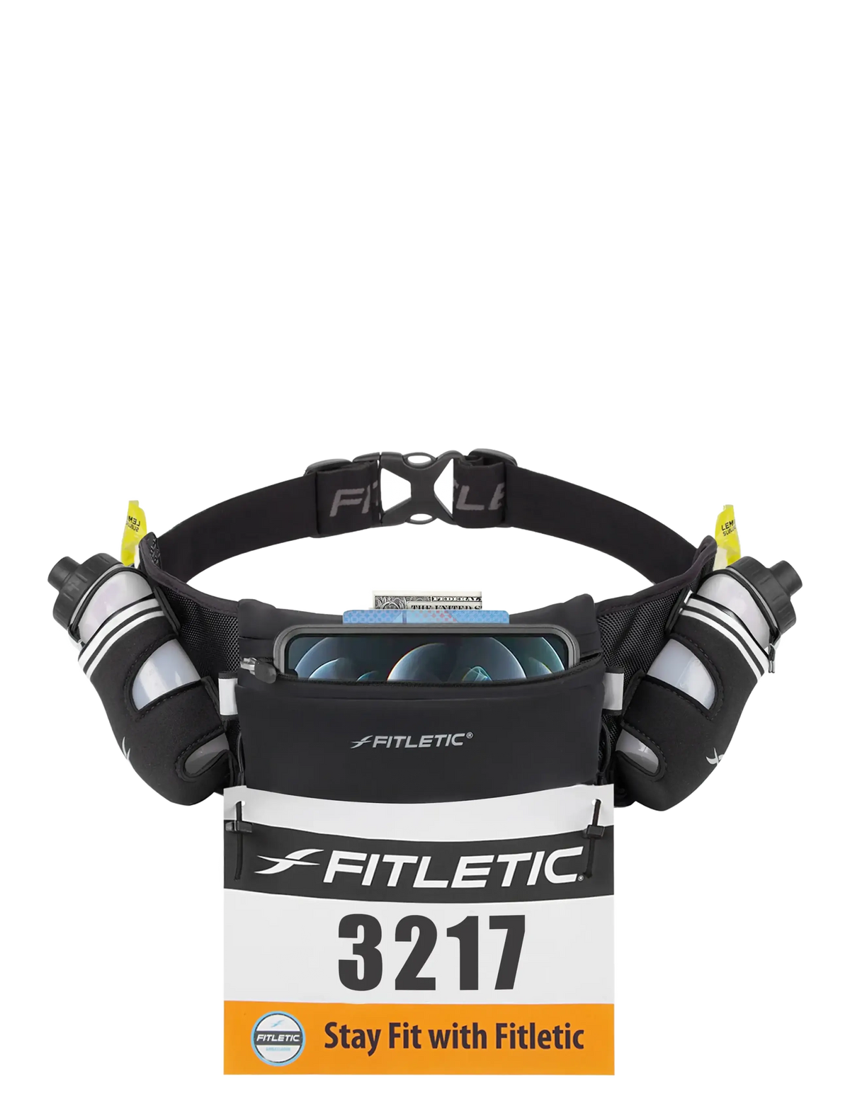 Fitletic Hydra 16 black hydration belt with race bib number 3217 and phone storage
