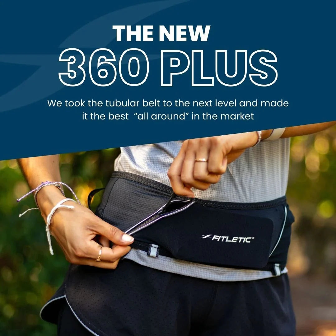 Fitletic 360 Plus black running belt worn by athlete, promotional lifestyle image