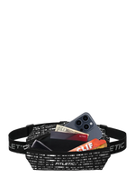 Fitletic Race II Number Belt open showing phone, cash, card, and energy bar storage capacity