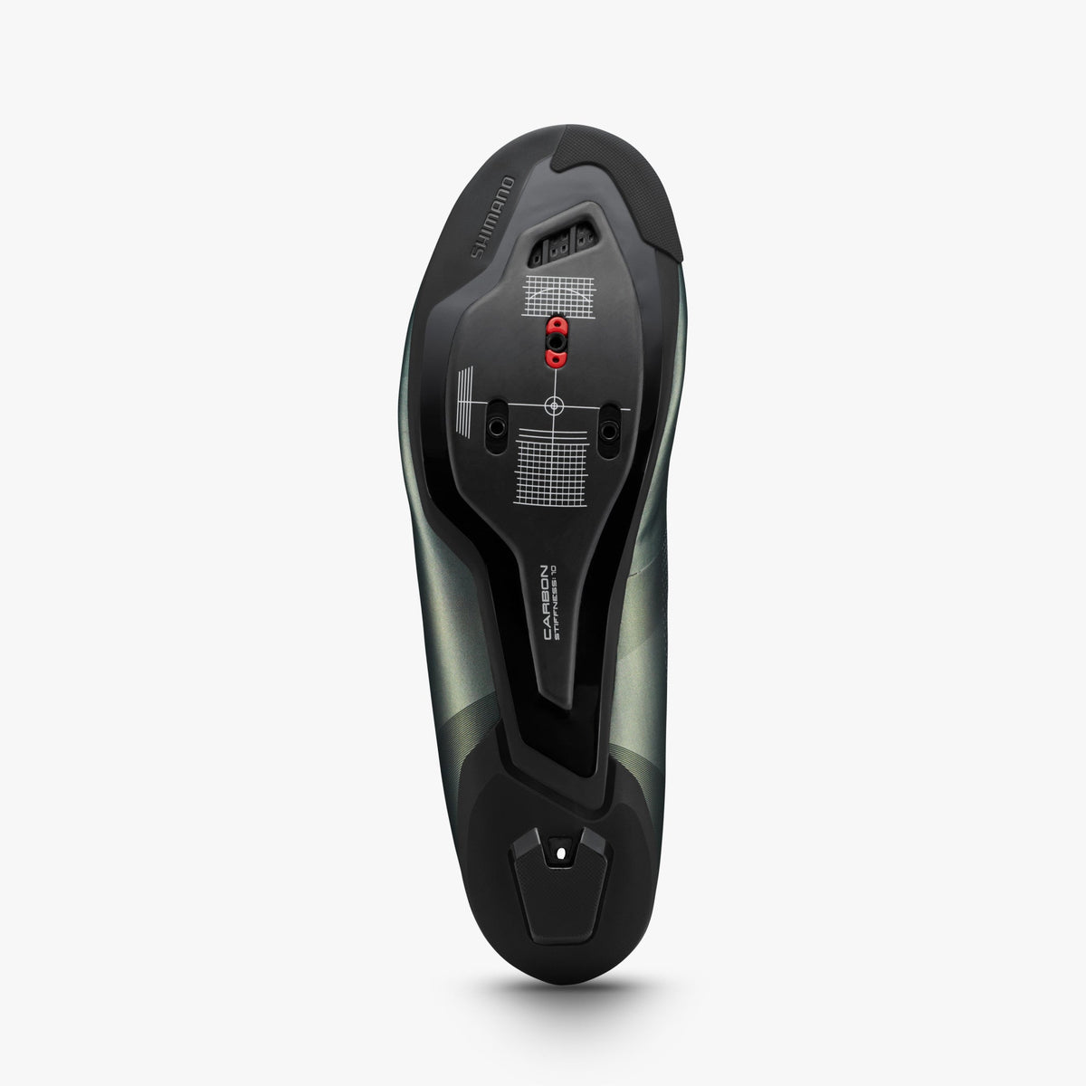 Shimano RC703 cycling shoe bottom view showing carbon sole and cleat mounting system
