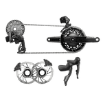SRAM Force AXS electronic groupset components including shifters, derailleur, chainset and brake rotors
