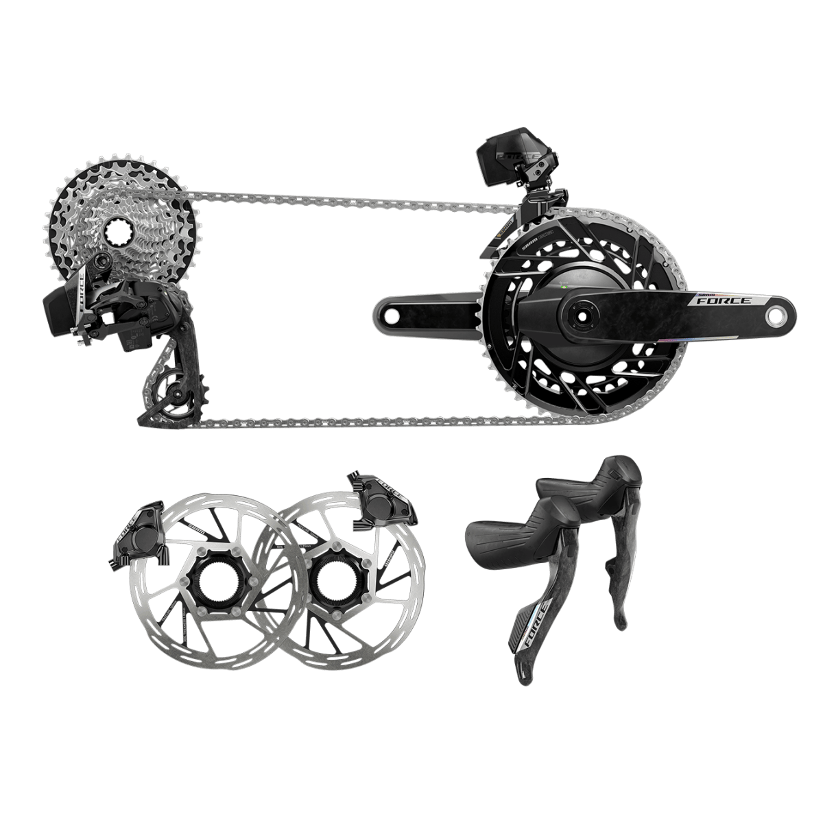 SRAM Force AXS electronic groupset components including shifters, derailleur, chainset and brake rotors