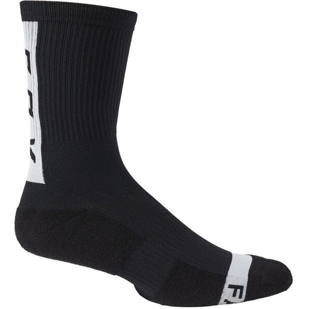 Fox Racing black cycling sock with white logo stripe on clean background