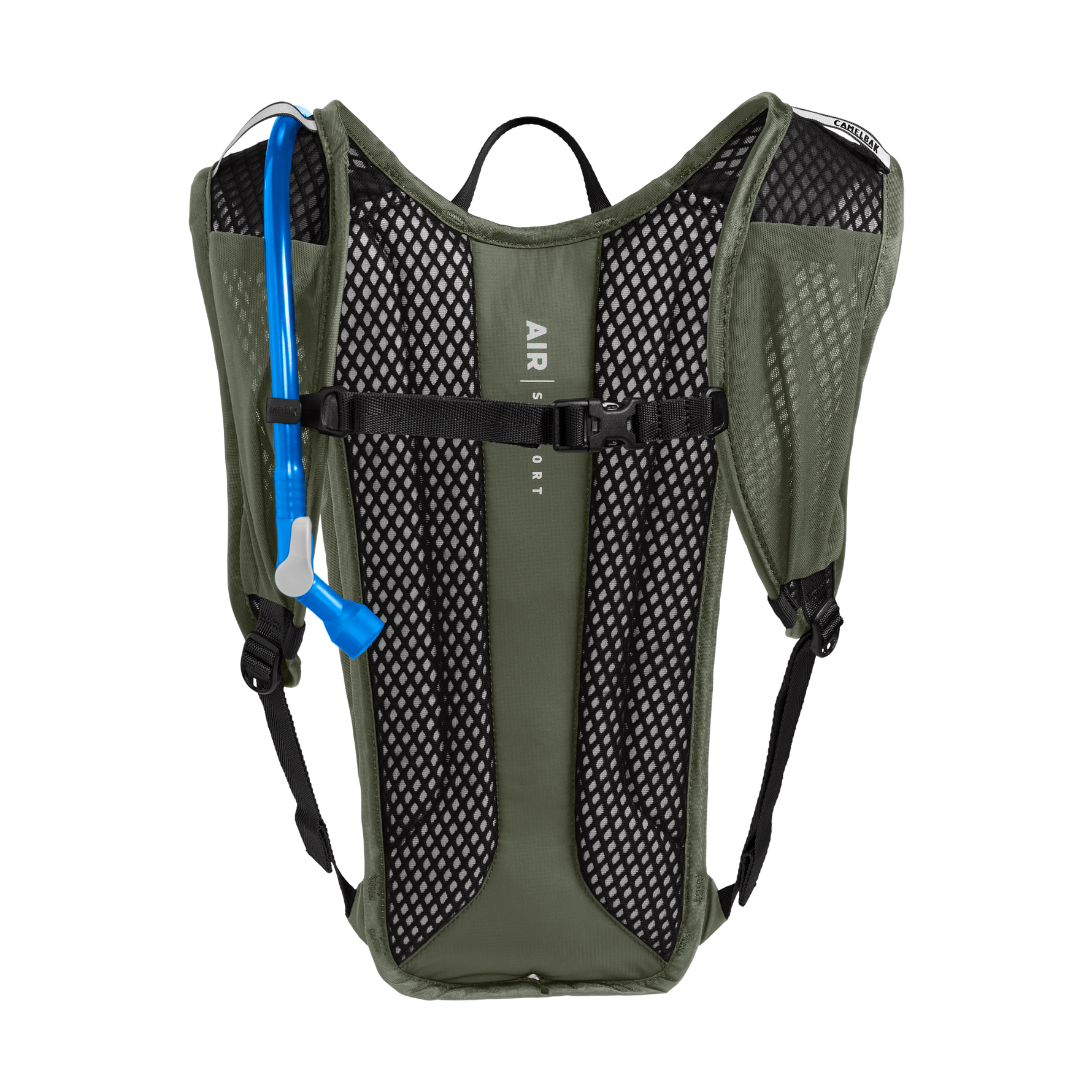 Camelbak Rogue Light hydration backpack in dusty olive with blue water tube