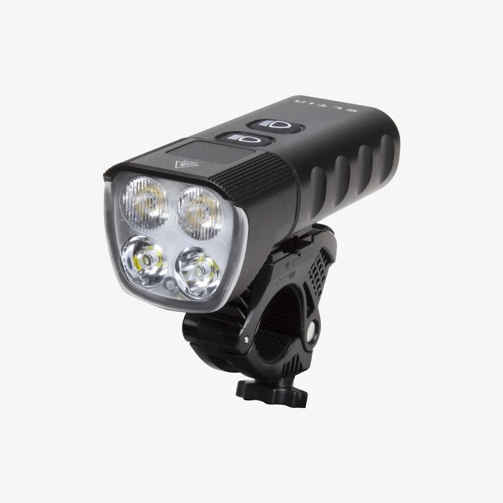 Black Eltin Explorer front bike light with four LED bulbs and handlebar mount