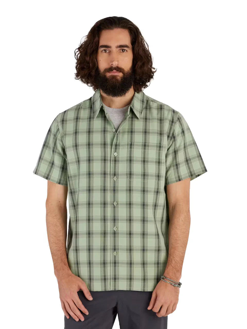 Marmot Men's Eldridge Short-Sleeve Shirt in Winter Moss plaid pattern on model