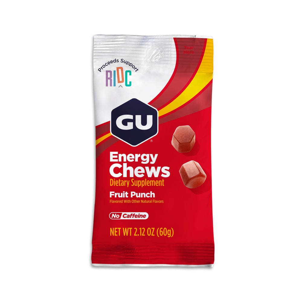 GU Energy Chews Fruit Punch flavor dietary supplement package in red