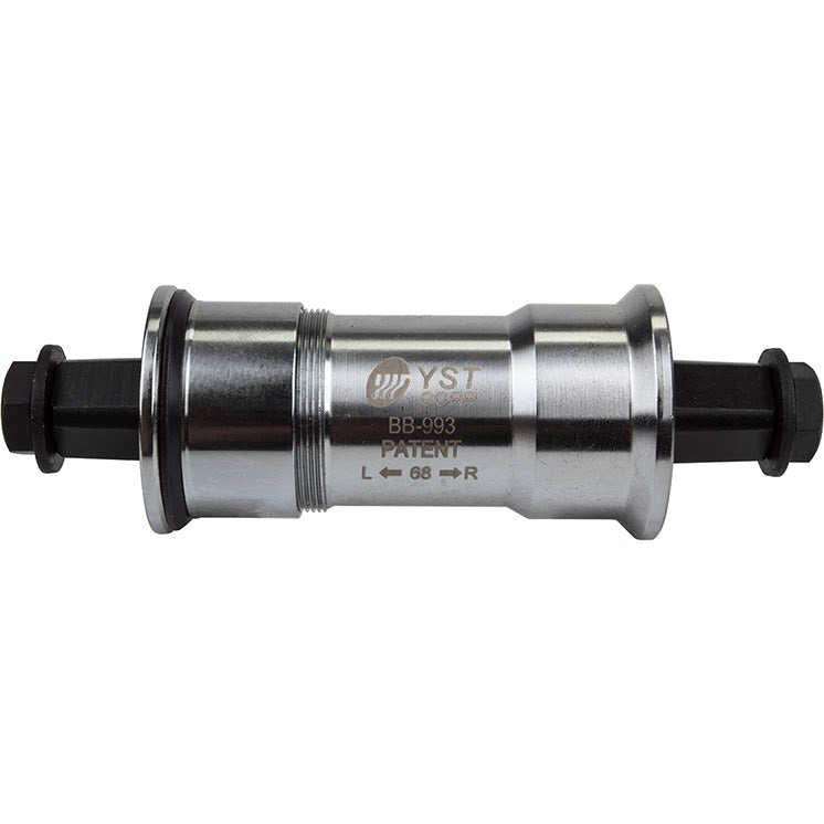 Silver threaded bicycle bottom bracket with black plastic end caps and YST branding