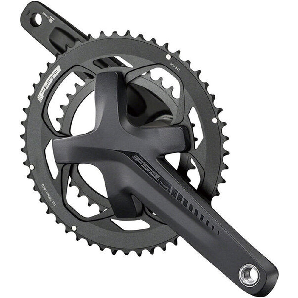 FSA Omega double crankset in black with 50/34t chainrings on white background