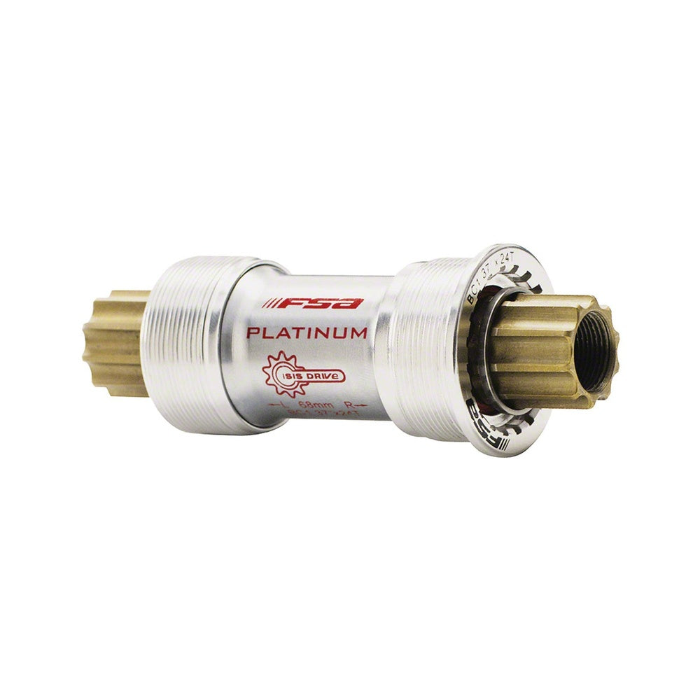 FSA Platinum ISIS Drive bottom bracket with silver aluminum body and gold threads