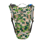 CamelBak Mini M.U.L.E. hydration backpack in green camouflage pattern with shoulder straps