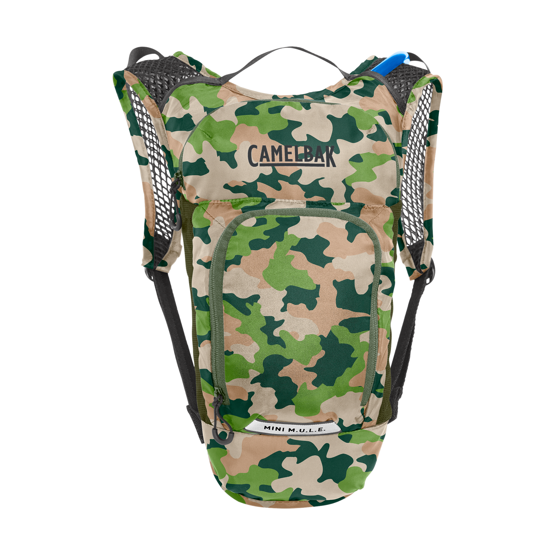 CamelBak Mini M.U.L.E. hydration backpack in green camouflage pattern with shoulder straps