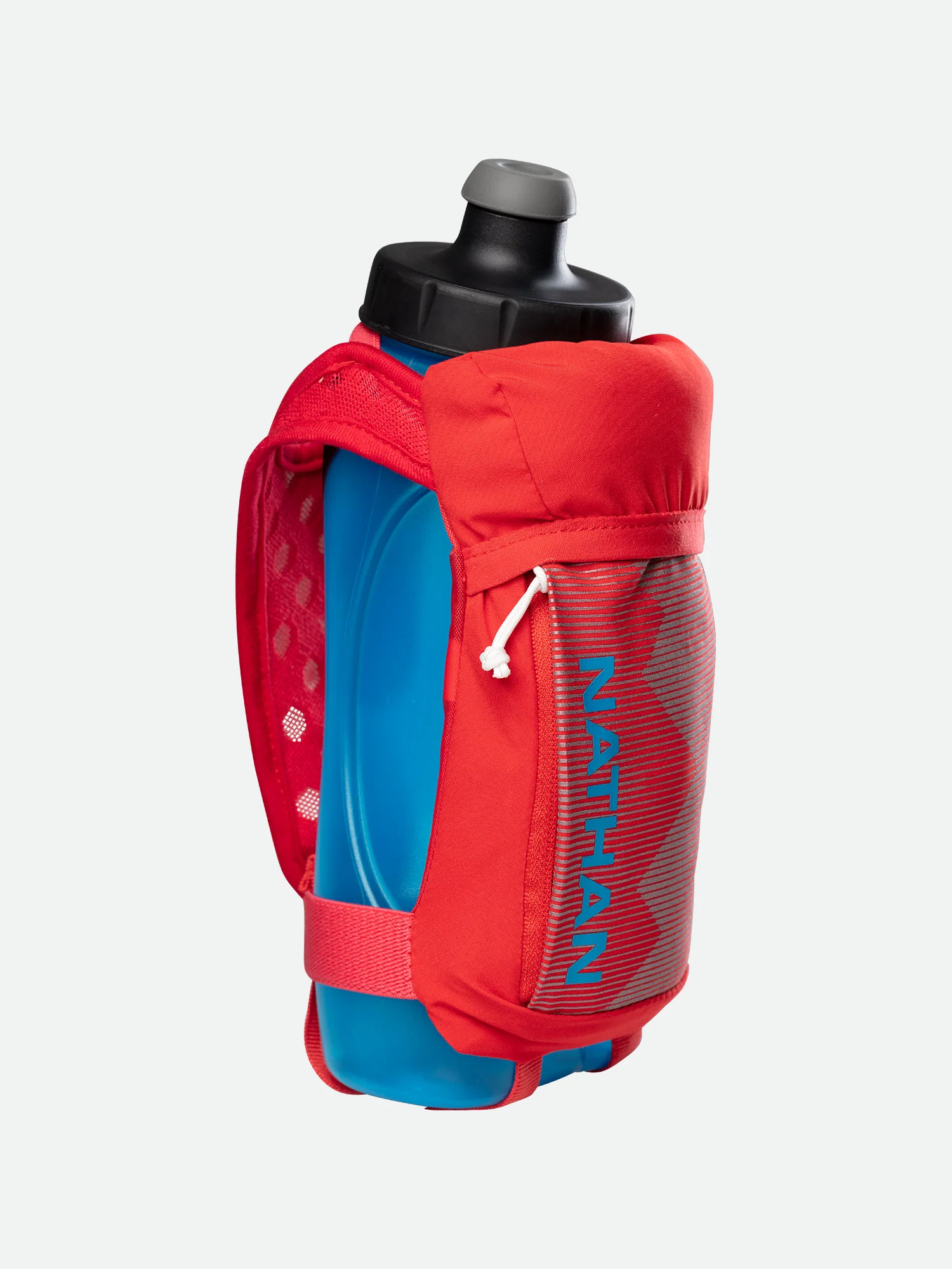 Nathan QuickSqueeze 22oz Handheld water bottle in red and blue colorway with hand strap