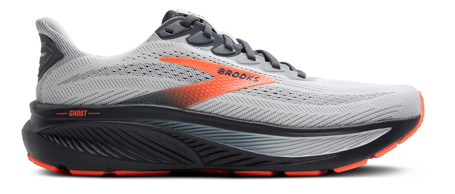 Brooks Ghost 17 men's running shoe in grey, white, and black with orange accents