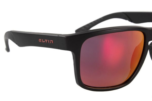 Eltin Grant sunglasses with matte black frame and red mirrored lenses, close-up view