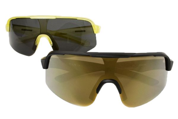 Two Eltin Forest sunglasses with matt black frames and gold gradient shield lenses
