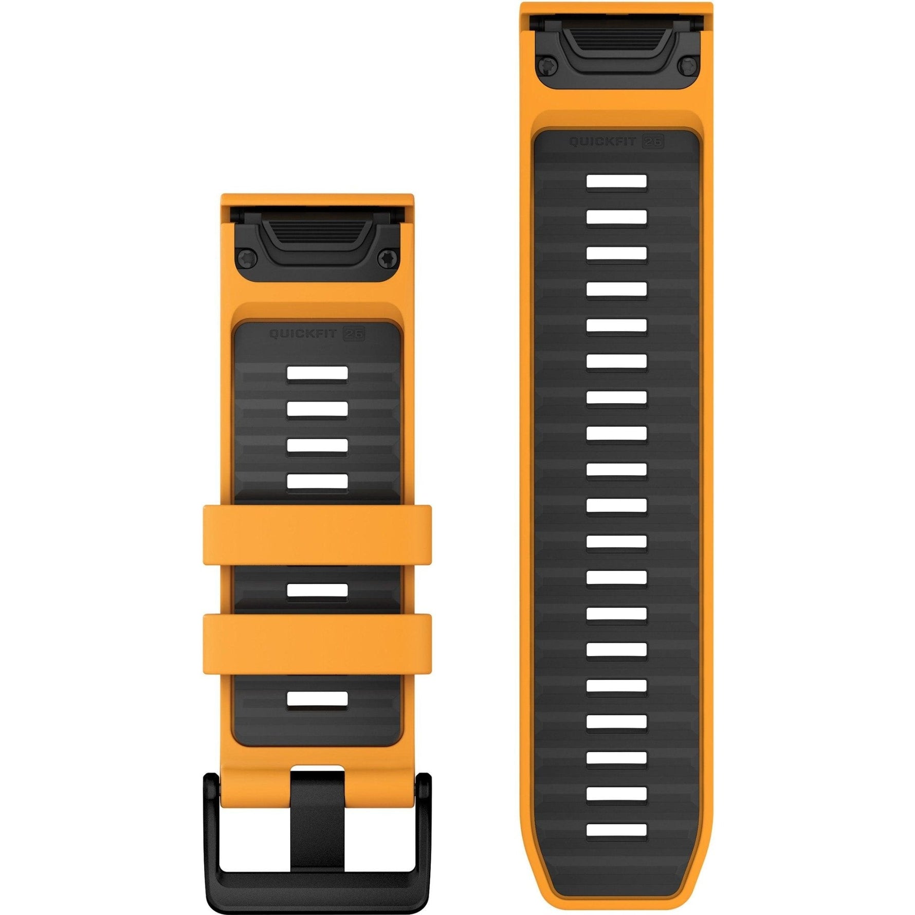 Garmin QuickFit 26 watch band in spark orange silicone with black accents