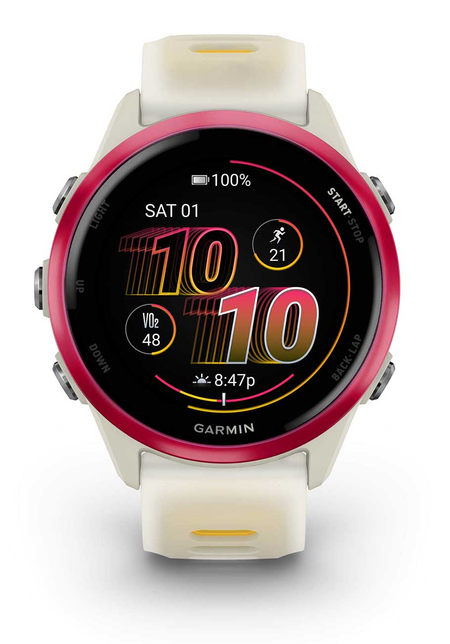 Garmin Forerunner smartwatch with bone white strap and raspberry pink bezel