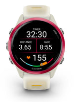 Garmin Forerunner smartwatch with white band, pink bezel showing workout timer and stats
