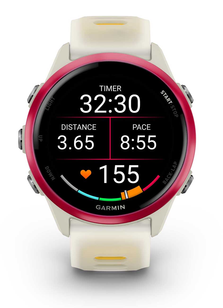 Garmin Forerunner smartwatch with white band, pink bezel showing workout timer and stats