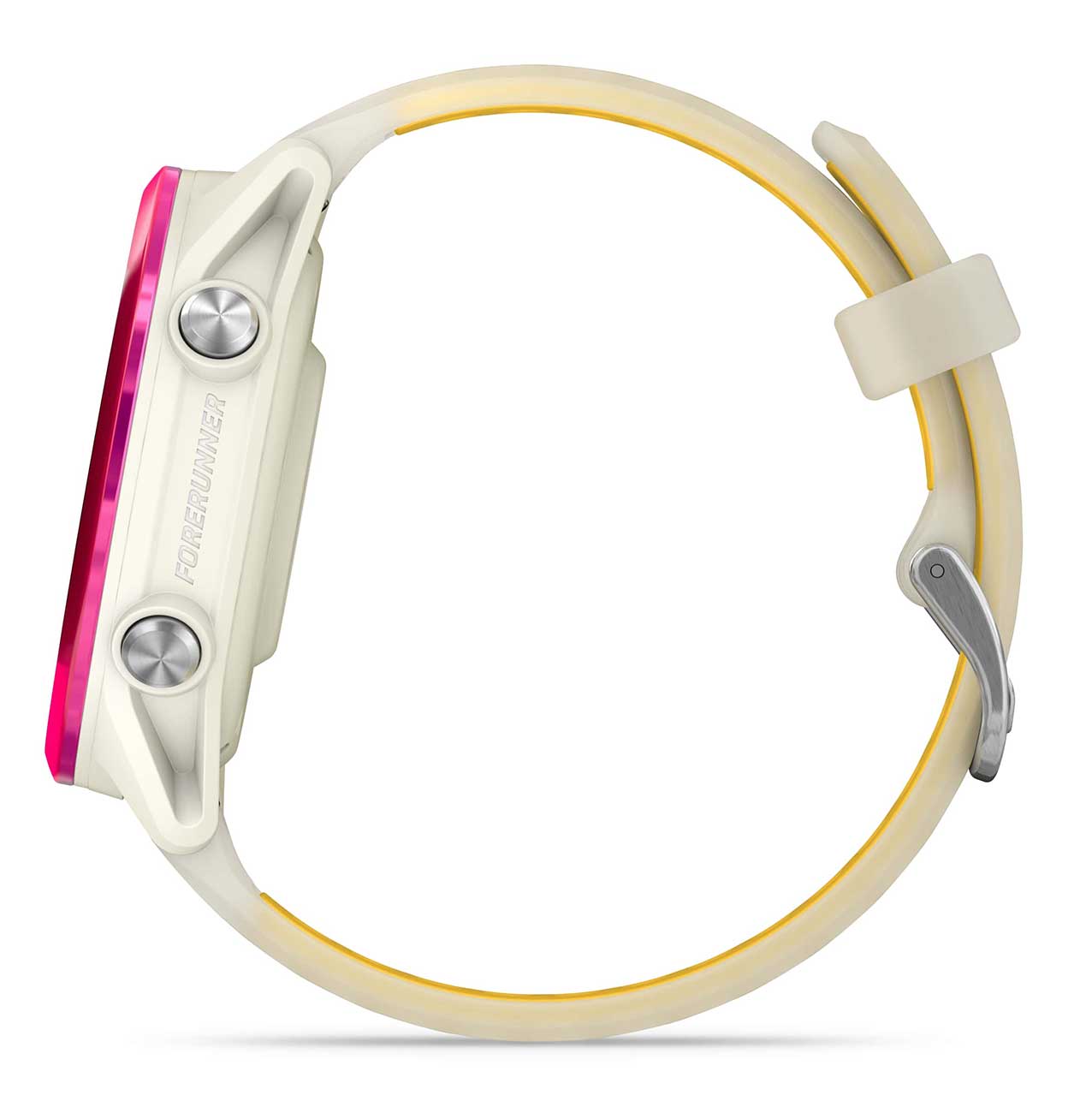 Garmin Forerunner smartwatch in whitestone color with silicone band, side profile view