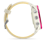 Garmin Forerunner smartwatch with bone band, yellow accent, and raspberry pink bezel