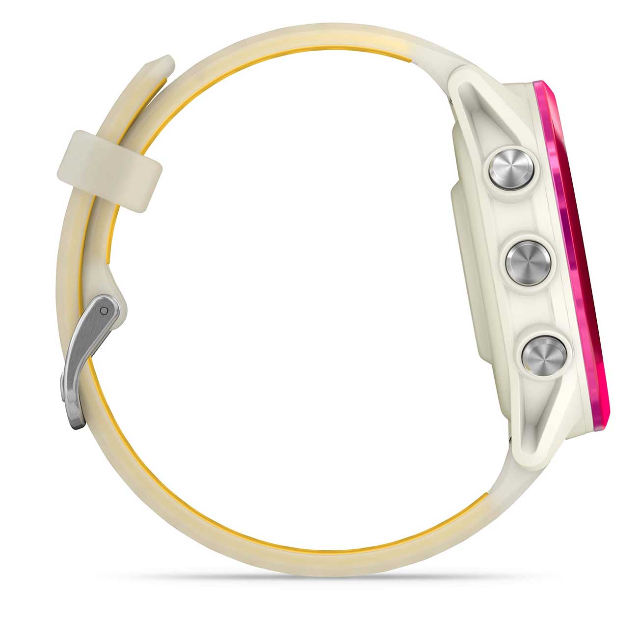Garmin Forerunner smartwatch with bone band, yellow accent, and raspberry pink bezel