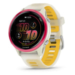 Garmin Forerunner smartwatch with bone case, raspberry bezel, and mango accent strap