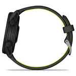 Garmin Forerunner smartwatch side view with black case and yellow-accented band