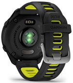 Garmin Forerunner 170 smartwatch rear view showing heart rate sensor, black with yellow band