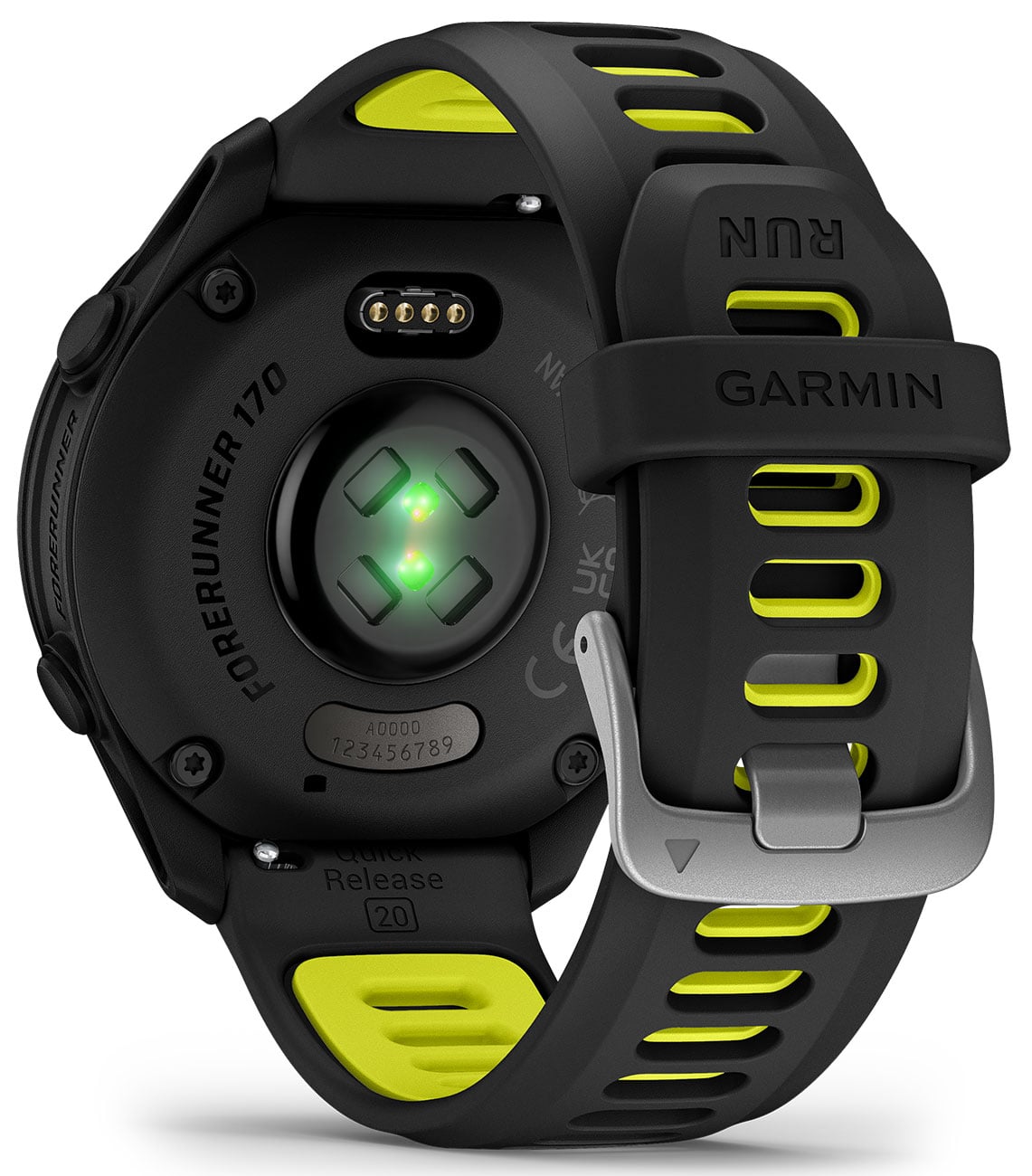 Garmin Forerunner 170 smartwatch rear view showing heart rate sensor, black with yellow band