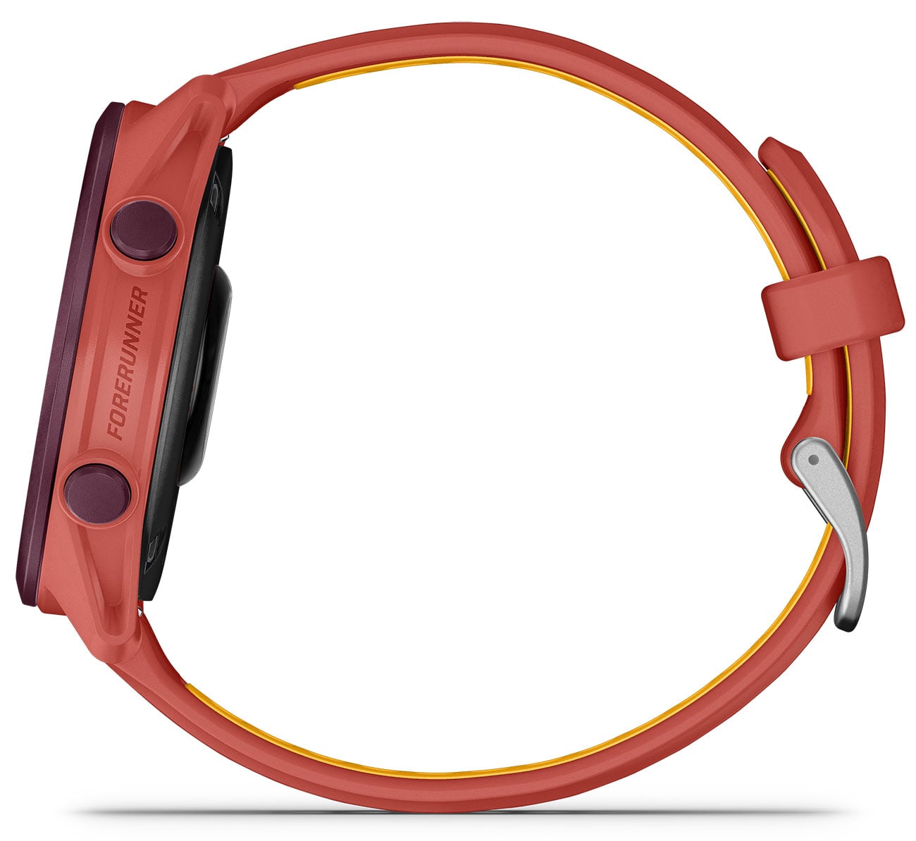 Garmin Forerunner smartwatch side view with coral red case and red-mango dual-tone band