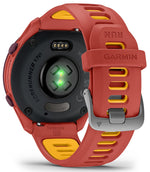 Garmin Forerunner 170 rear view showing heart rate sensor, red and mango band