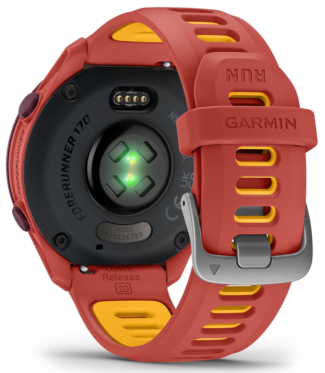 Garmin Forerunner 170 rear view showing heart rate sensor, red and mango band